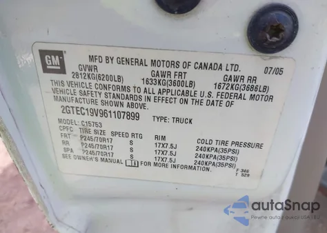 2006 GMC Sierra 1500 Sl z USA, uszkodzony, nr VIN 2GTEC19V961107899